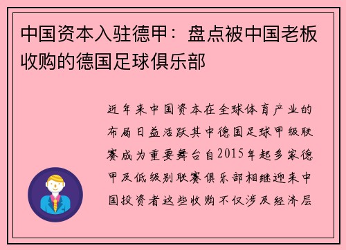 中国资本入驻德甲：盘点被中国老板收购的德国足球俱乐部